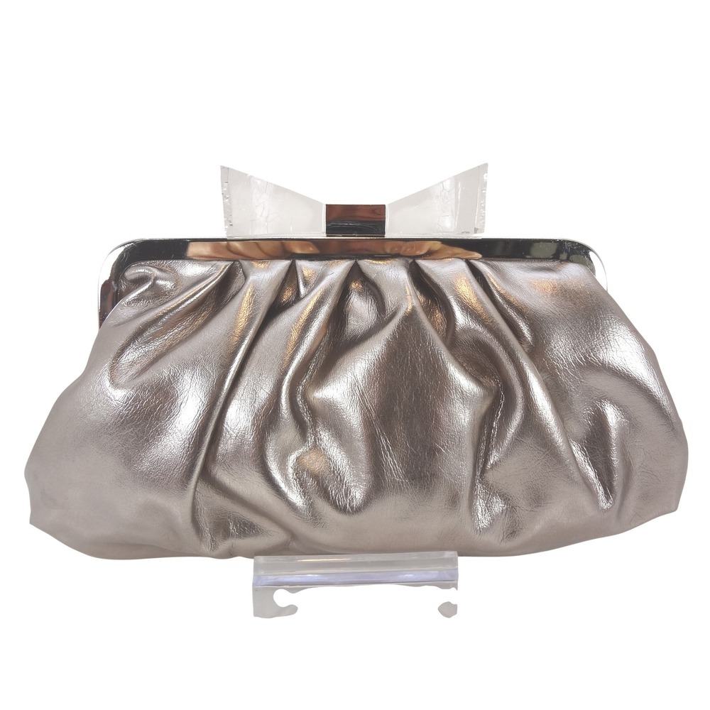 Clutch Bag Small Silver Metallic Pleated Acrylic Bow Kiss Lock Closure